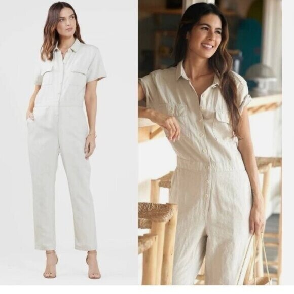 Outerknown S.E.A. Sea Jumpsuit Organic Cotton Linen Blend Button Natural Beige - Picture 3 of 14